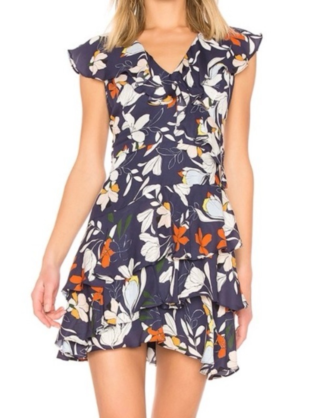 PARKER Floral Faux Wrap Mini Dress Large Navy Multi Flutter Sleeve EUC